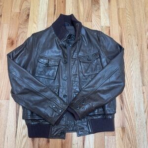 Vintage GAP Brown Leather Bomber Jacket with Ribbed Trim